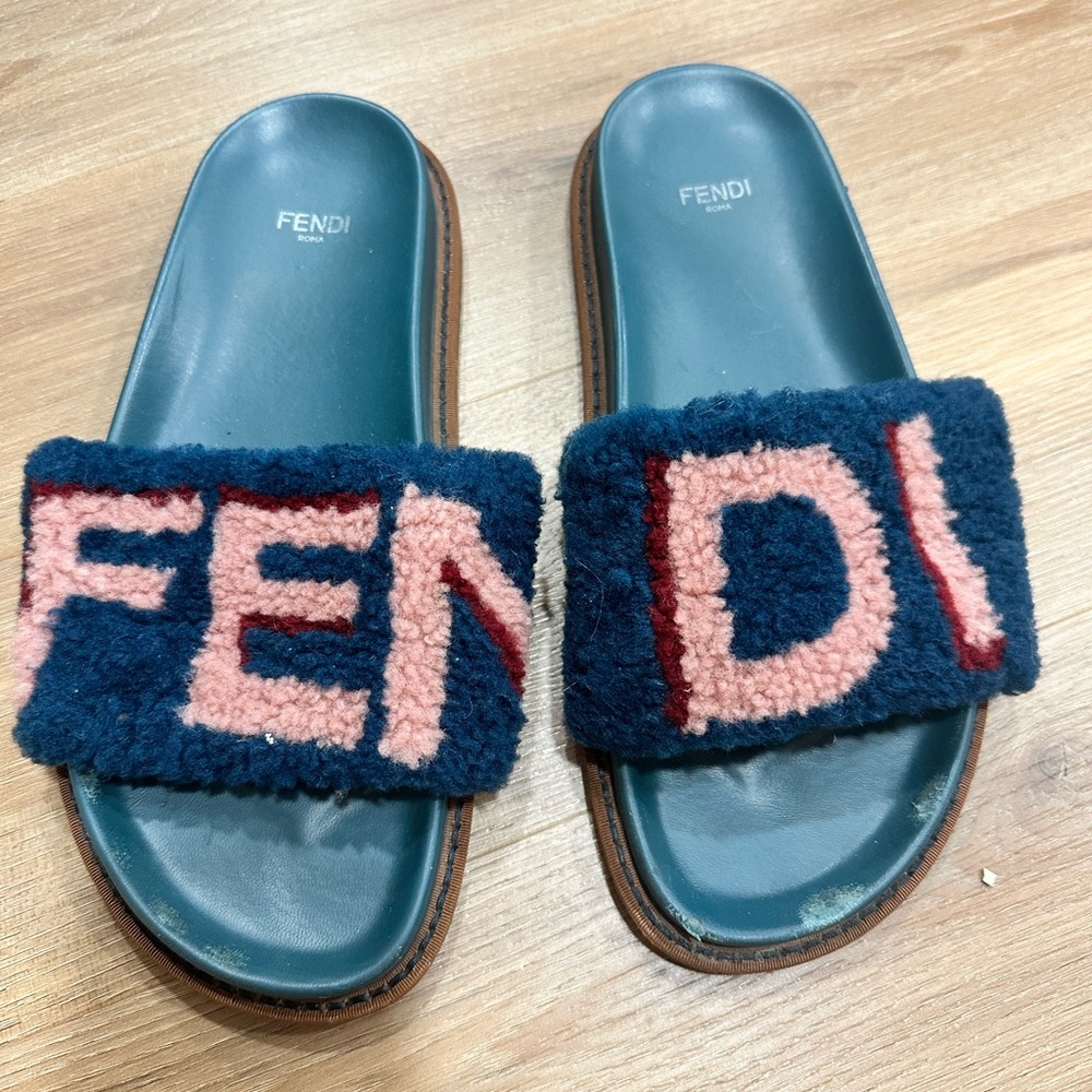 Fendi Navy and Pink Fuzzy Slides